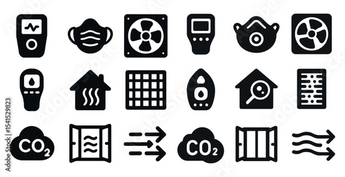 Air quality solid icons set – flat, filled, pollution and ventilation symbols