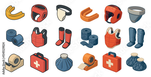 Boxing and safety isometric icons set – protective gear, equipment, safety symbols