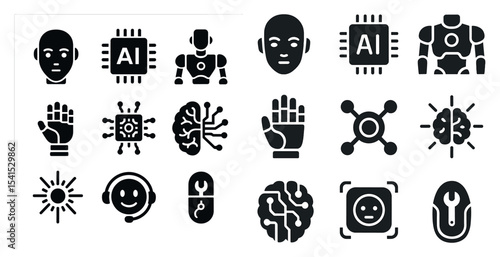 Ai and robotics solid icons set – flat, tech, artificial intelligence symbols