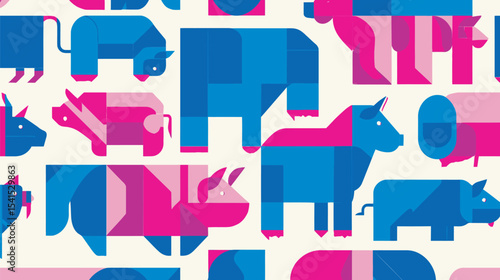 Abstract livestock repeats on creamy background with geometric color blocks