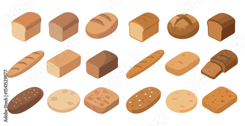 Bakery and bread icons set – isometric, flat, pastry and baking symbols