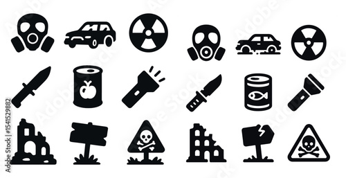 Apocalyptic survival solid icons set – filled, danger and emergency symbols
