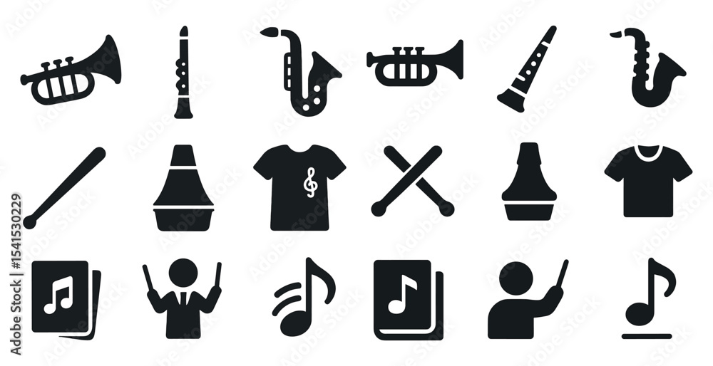 Obraz premium Music and instruments solid icons set – filled, silhouette, melody and band symbols