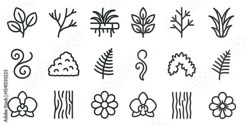 Nature and botany outline icons set – line, silhouette, plant and garden symbols