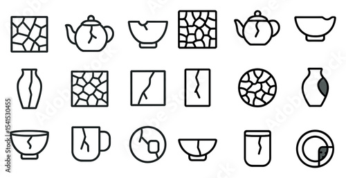 Kintsugi outline icons set – line, crack repair, ceramic restoration symbols