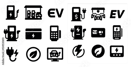 Electric vehicle charging filled icons set – solid, ev, power symbols