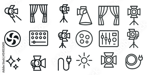 Stage lighting equipment icons set – line, outline, theater and production symbols