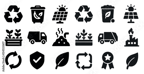 Recycling and sustainability solid icons set – eco, environment, green symbols