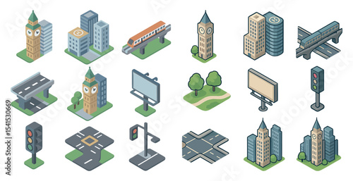 City and traffic isometric icons set – urban, transport, infrastructure symbols