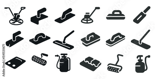 Home cleaning tools silhouette icons set – flat, filled, household cleaning symbols