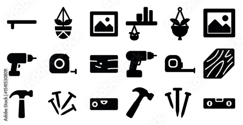 Home improvement solid icons set – tools, construction, renovation symbols