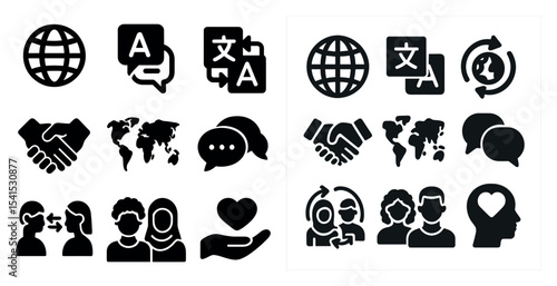 Language and communication icons set – filled, silhouette, translation symbols