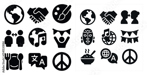 Cultural solid icons set – filled, global, diversity and communication symbols