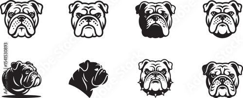 Eight bulldog head illustrations black and white. eps-10