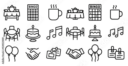 Party and event outline icons set – linear, celebration, and gathering symbols