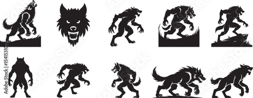 Werewolf silhouettes collection monster pack clipart. eps-10