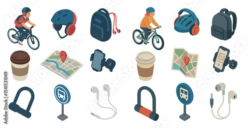 Cycling and commuting icons set – isometric, bike, urban transport symbols