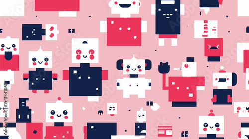 Cute robots animate vibrant backdrop showcasing playful minimalist design elements
