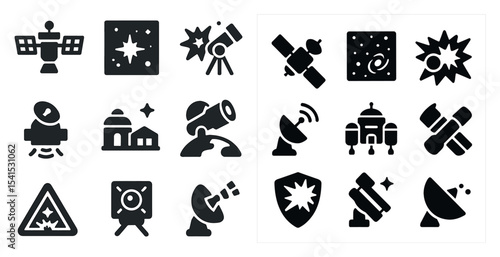 Space exploration solid icons set – filled, astronomy, satellite and observatory symbols