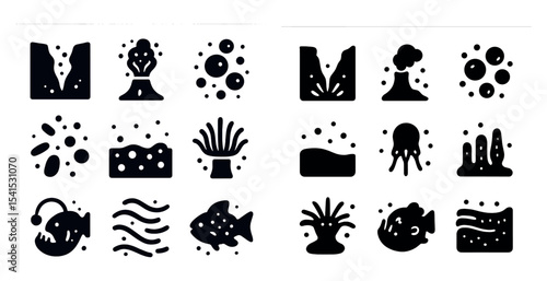 Geology and volcano silhouette icons set – filled, solid, earth science symbols