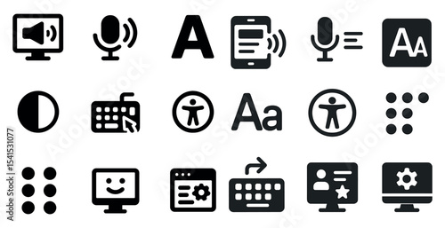 Accessibility and digital communication solid icons set – web, filled, user interface symbols