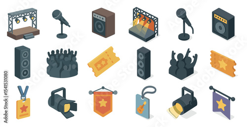 Concert and event isometric icons set – 3d, festival and music party designs
