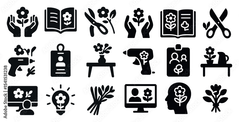 Gardening solid icons set – filled, plant care, and floral design graphics Gardening solid icons set – filled, plant care, and floral design graphics