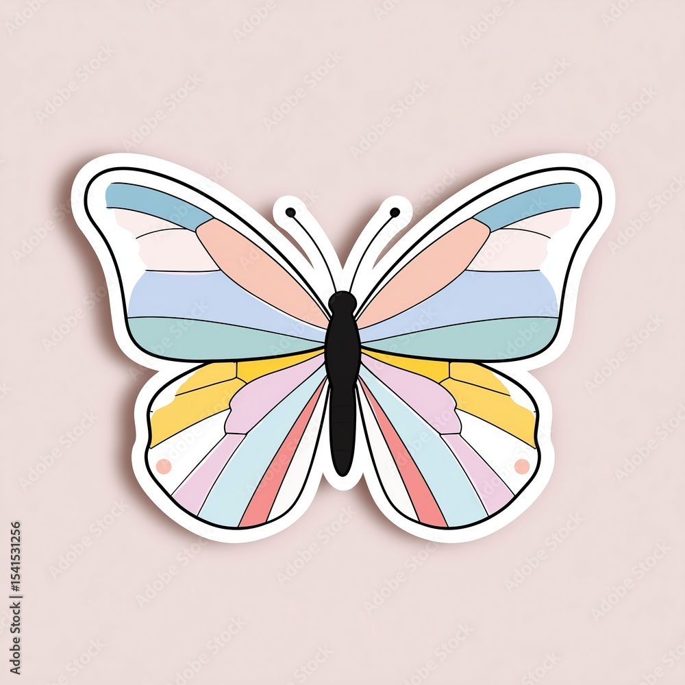 Fototapeta premium Rainbow Butterfly Vector Sticker with White Background, Cute Simple Design and Pastel Color Border for Cutout, Digital Art and Craft Projects