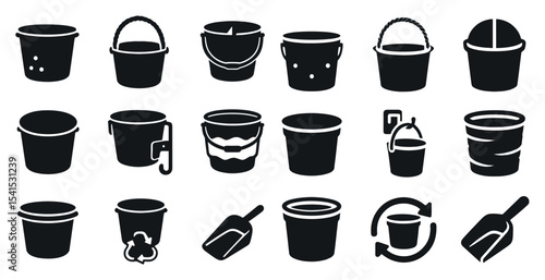 Bucket icons set in silhouette style – pail, container, utility graphics