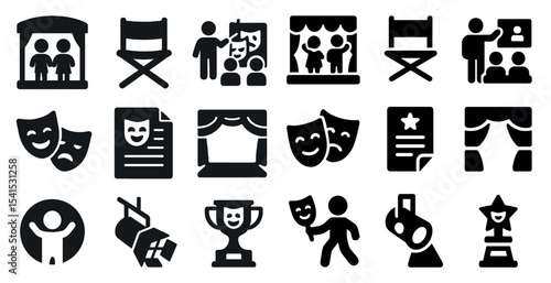 Theater and drama solid icons set – stage, performance, acting symbols