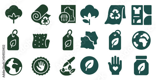 Eco-friendly recycling solid icons set – green, sustainability, waste management