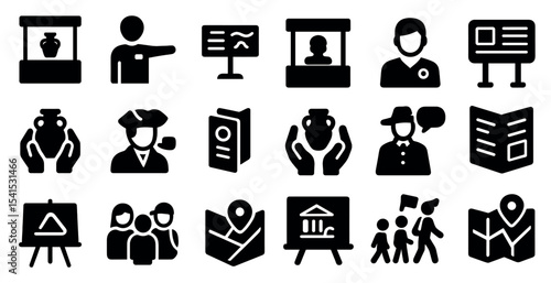 Museum and historical solid icons set – filled, antiquity, art and exhibition symbols