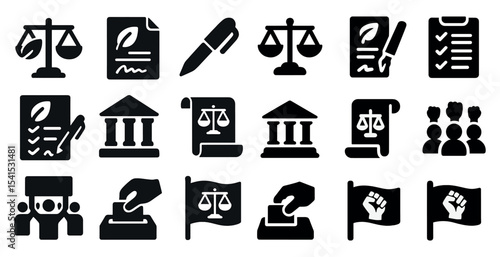 Legal and government solid icons set – filled, justice, law and order symbols