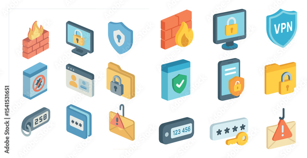Fototapeta premium Cybersecurity isometric icons set – 3d, tech, data protection symbols