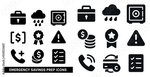 Emergency savings solid icons set – filled, flat, financial planning symbols
