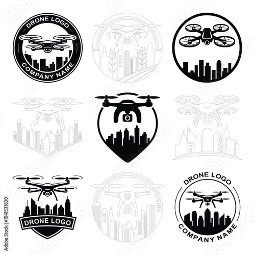 Drone logo set flying over city silhouette vector icon clipart line art