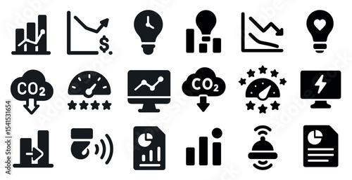 Business analytics icons set – solid, filled, data and performance metrics design