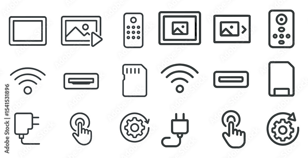 Technology and device icons set – line, outline, gadget and digital symbols Technology and device icons set – line, outline, gadget and digital symbols