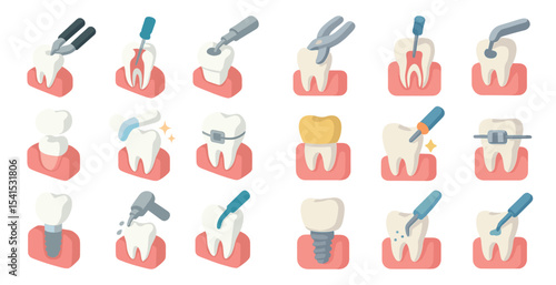 Dental and orthodontic icons set – flat, filled, teeth and oral health symbols