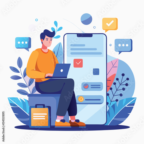 Man working on laptop with mobile phone screen showing completed tasks vector illustration