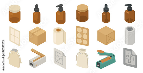 Packaging and delivery isometric icons set – containers, shipping boxes, logistics symbols