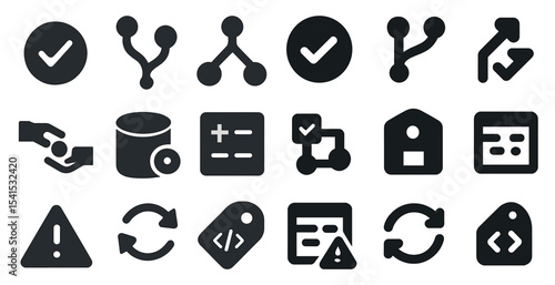 Technology and data icons set – solid, filled, tech and coding symbols for developers