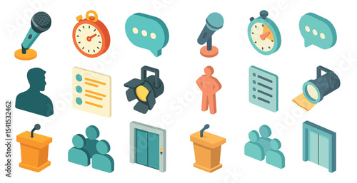 Conference and meeting isometric icons set – 3d, event, business symbols