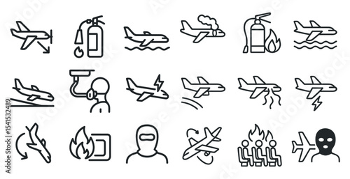 Aviation safety solid icons set – flat, filled, emergency and risk management graphics