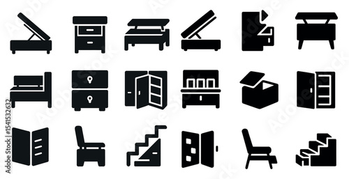 Home furniture solid icons set – filled, silhouette, storage and decor symbols