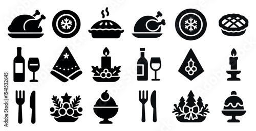 Holiday dinner silhouette icons set – solid, festive, seasonal meal symbols