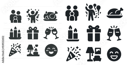 Celebration and party icons set – filled, solid, festival and event symbols