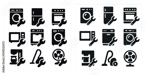 Appliance repair solid icons set – silhouette, filled, household and maintenance symbols