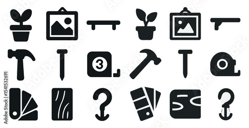 Home improvement solid icons set – filled, renovation, diy tools symbols