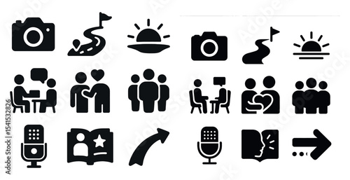 Communication and social interaction solid icons set – silhouette, filled, chat symbols